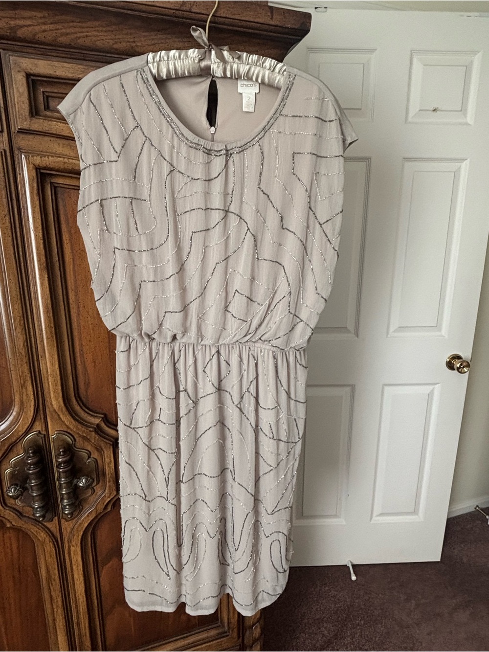 Beaded Cap-Sleeve Knee Length Dress